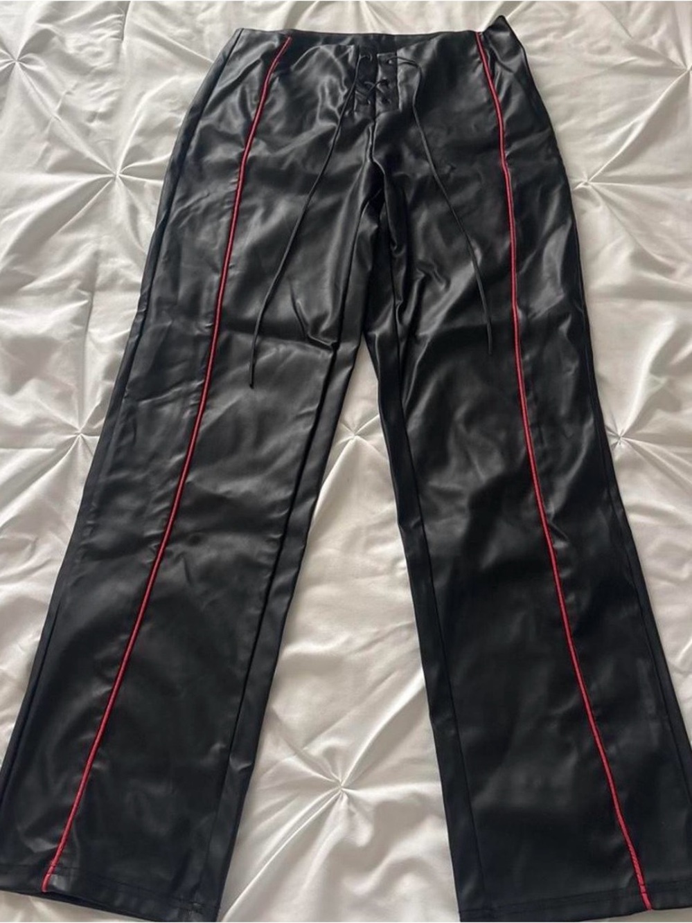 SHEIN Black Faux Leather Pants with Red Piping